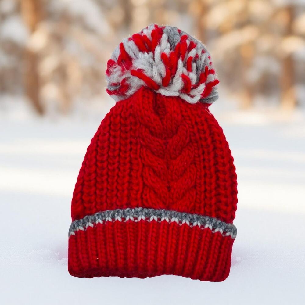 Gelso Bianco Italy Wool Alpaca Blend Beanie Hat Red Gray Pom Pom Luxury Knit VTG